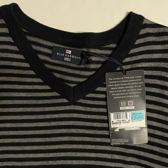 Marks & Spencer Mens / Women V-Neck Sweater - Iron Gray Stripe Size M - Picture 10 of 12